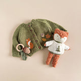 Woodland Fox Cardigan styled with a fox toy and acorn rattle, Stone Hollow Farmstead
