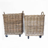 Rattan Square Kubu Grey Storage Baskets on Wheels - Stone Hollow Farmstead