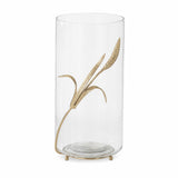 Large clear glass cylinder vase with gold wheat and ball feet