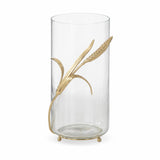 Small clear glass cylinder vase with gold wheat and ball feet