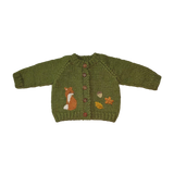 Green Woodland Fox Cardigan with embroidered fox and leaves, Stone Hollow Farmstead
