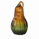 Green and amber handblown glass gourd, crookneck