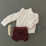 Cream Fisherman Sweater styled with burgundy knit shorts, Stone Hollow Farmstead