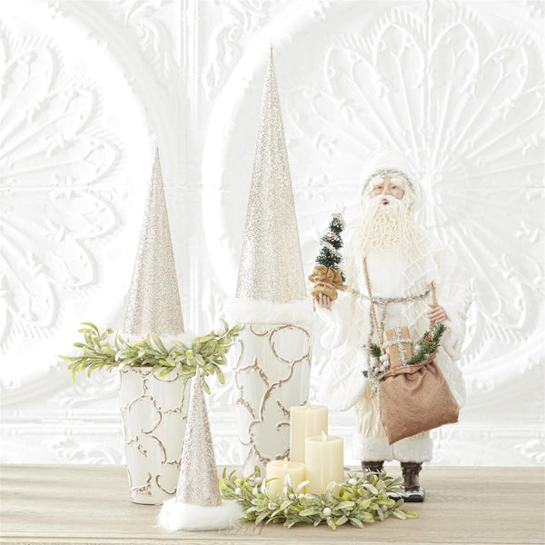 Santa in White Coat w/Tree and Sack of Gifts, 28" - Stone Hollow Farmstead