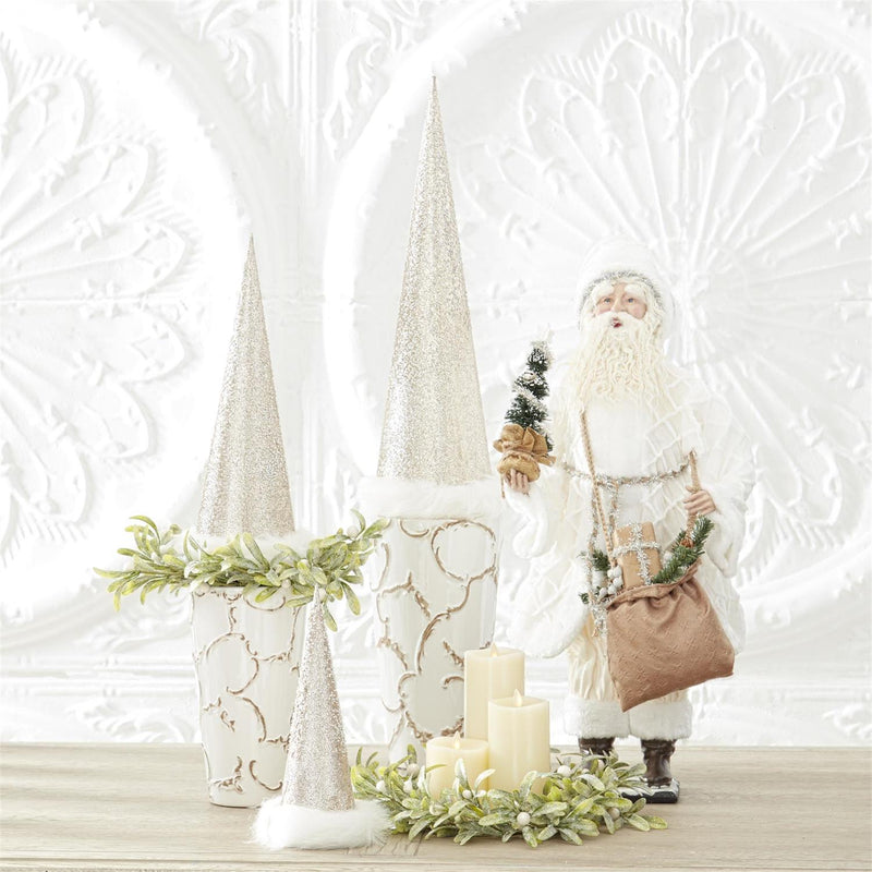 Santa in White Coat w/Tree and Sack of Gifts, 28" - Stone Hollow Farmstead