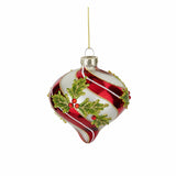 Red and Green Holly Glass Ornament, Round