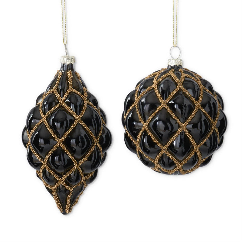 Assorted Black Glass Ornaments W/Quilted Gold Trim - Stone Hollow Farmstead