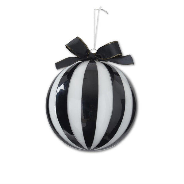 Black & White Striped Glass Ornament & Ribb, 7" - Stone Hollow Farmstead