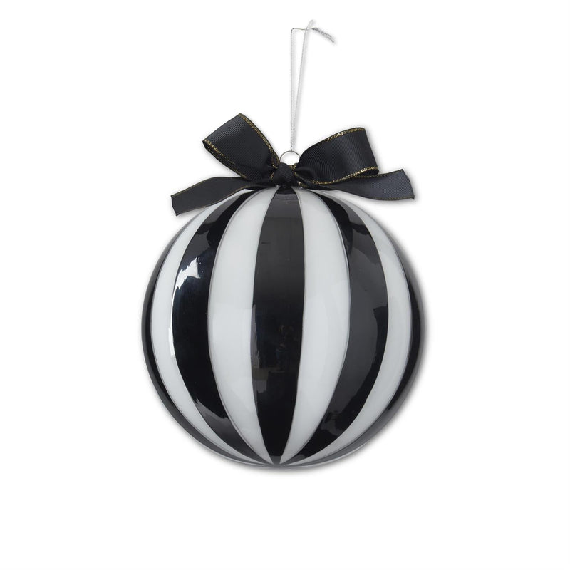 Black & White Striped Glass Ornament & Ribb, 7" - Stone Hollow Farmstead
