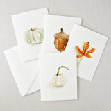 Autumn notecards with watercolor maple leaf, acorn, and pumpkins by Emily Lex, single card with envelope