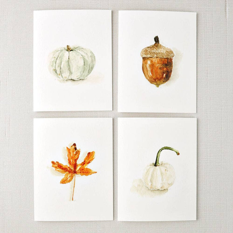 Autumn notecards with watercolor maple leaf, acorn, and pumpkins by Emily Lex, single card with envelope