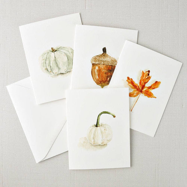 Autumn notecards with watercolor maple leaf, acorn, and pumpkins by Emily Lex, single card with envelope