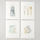 Baking notecards with watercolor apron, mixer, eggs, and utensils by Emily Lex, single card with envelope