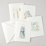 Baking notecards with watercolor apron, mixer, eggs, and utensils by Emily Lex, single card with envelope