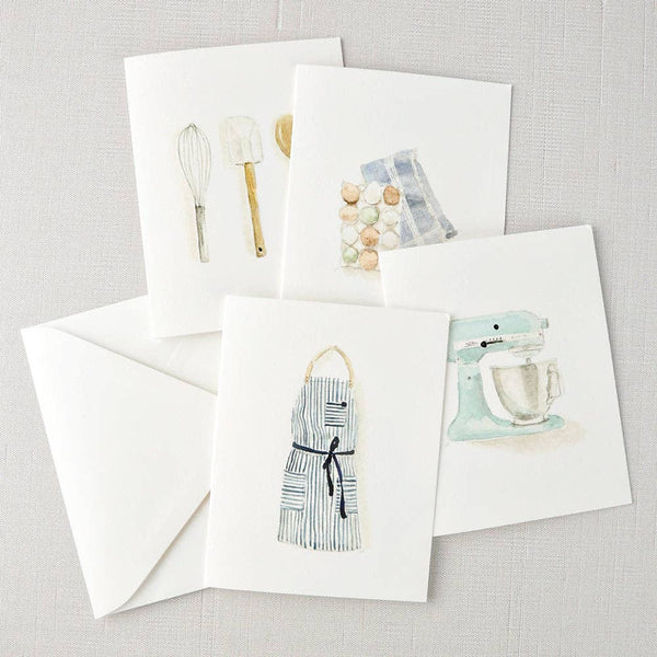 Baking notecards with watercolor apron, mixer, eggs, and utensils by Emily Lex, single card with envelope