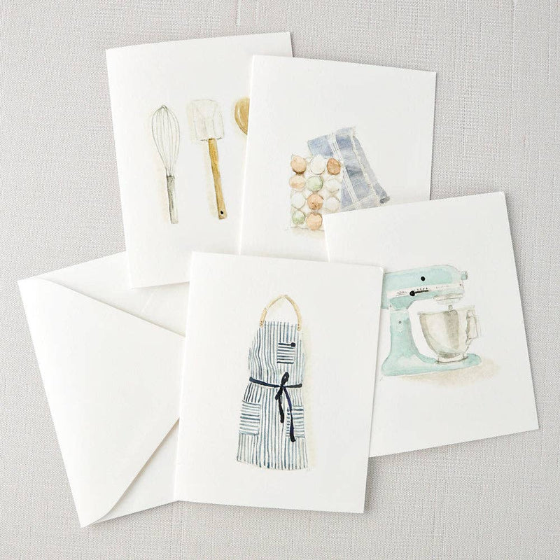 Baking notecards with watercolor apron, mixer, eggs, and utensils by Emily Lex, single card with envelope