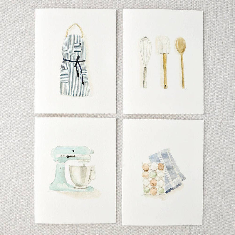 Baking notecards with watercolor apron, mixer, eggs, and utensils by Emily Lex, single card with envelope