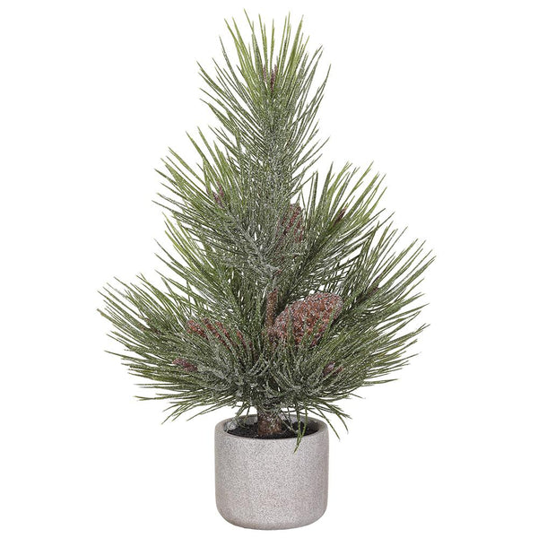 Frosted Pine Tree in Cement Pot With Pine Cone, 20" - Stone Hollow Farmstead