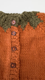 Pumpkin Cardigan neckline and button detail, Stone Hollow Farmstead