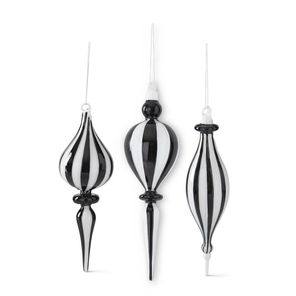 assorted black and white striped glass finial ornaments set of three styles