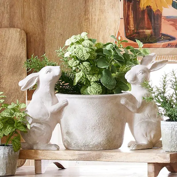 Tan Resin Faux Stone 2 Rabbit Pot