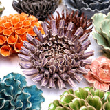 Fractal Lilac Ceramic Wall Flower 5 Inch styled with coordinating ceramic flowers at Stone Hollow Farmstead