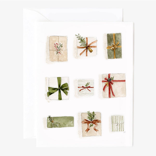 Christmas gifts watercolor notecard by Emily Lex, single card with envelope