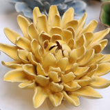 Buttercup Yellow Chrysanthemum Ceramic Wall Flower styled with coordinating ceramic flowers at Stone Hollow Farmstead