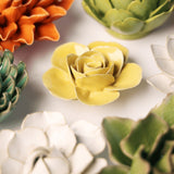 Buttercup Yellow Elegance Ranunculus Ceramic Wall Flower styled with coordinating ceramic flowers at Stone Hollow Farmstead