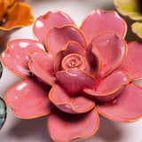 Blush Pink Tahitian Gardenia Ceramic Wall Flower styled with coordinating ceramic flowers at Stone Hollow Farmstead