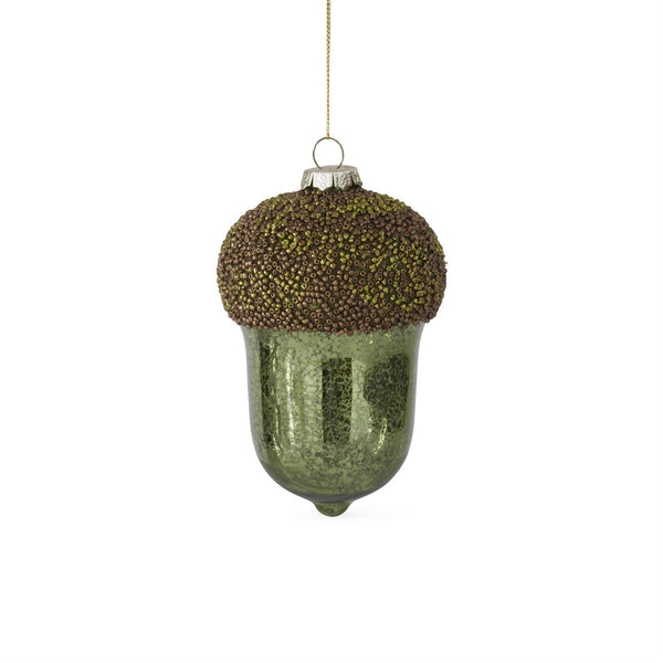 green mercury glass acorn ornament with glittered beaded top 5.5 inch