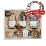 Heirloom Popcorn Gift Box with four rotating popcorn selections in a wooden gift box adorned with dried flowers