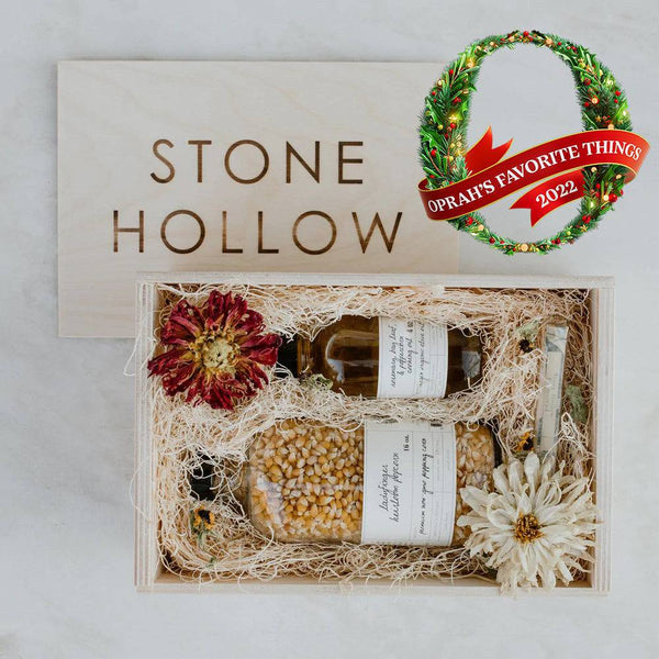 Movie Night Trio Popcorn Gift Box with heirloom popcorn, infused oil, and herb finishing salt in a wooden gift box. Oprah's Favorite Things featured 2022