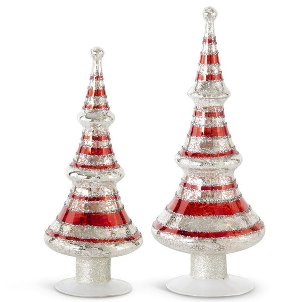 red glittered striped silver mercury glass LED trees set of 2