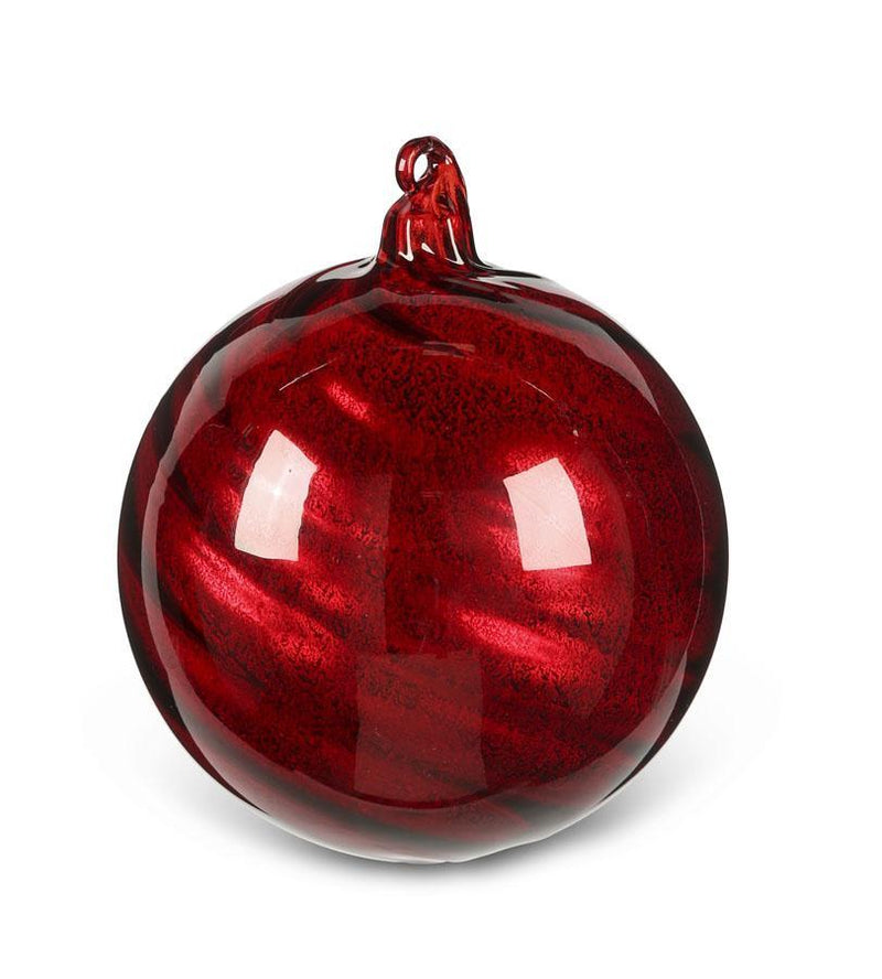 round red glass ornament with ribbon swirl 4 inch