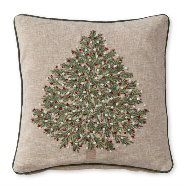 tan pillow with christmas tree and red & white ornaments 20 inch