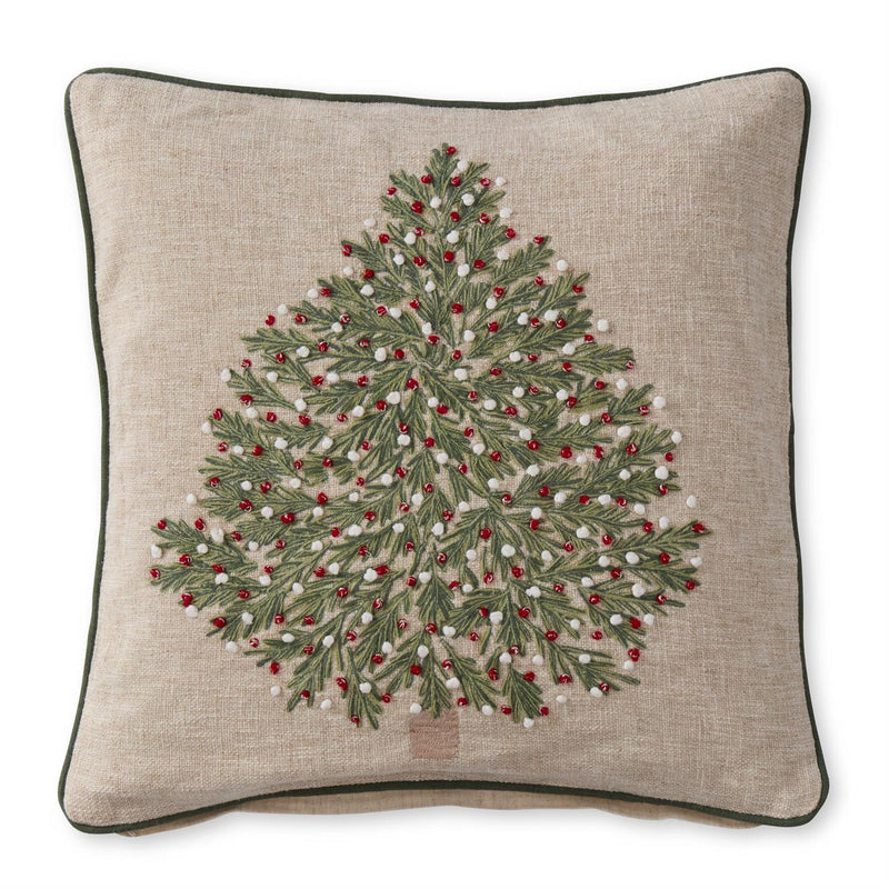 tan pillow with christmas tree and red & white ornaments 20 inch